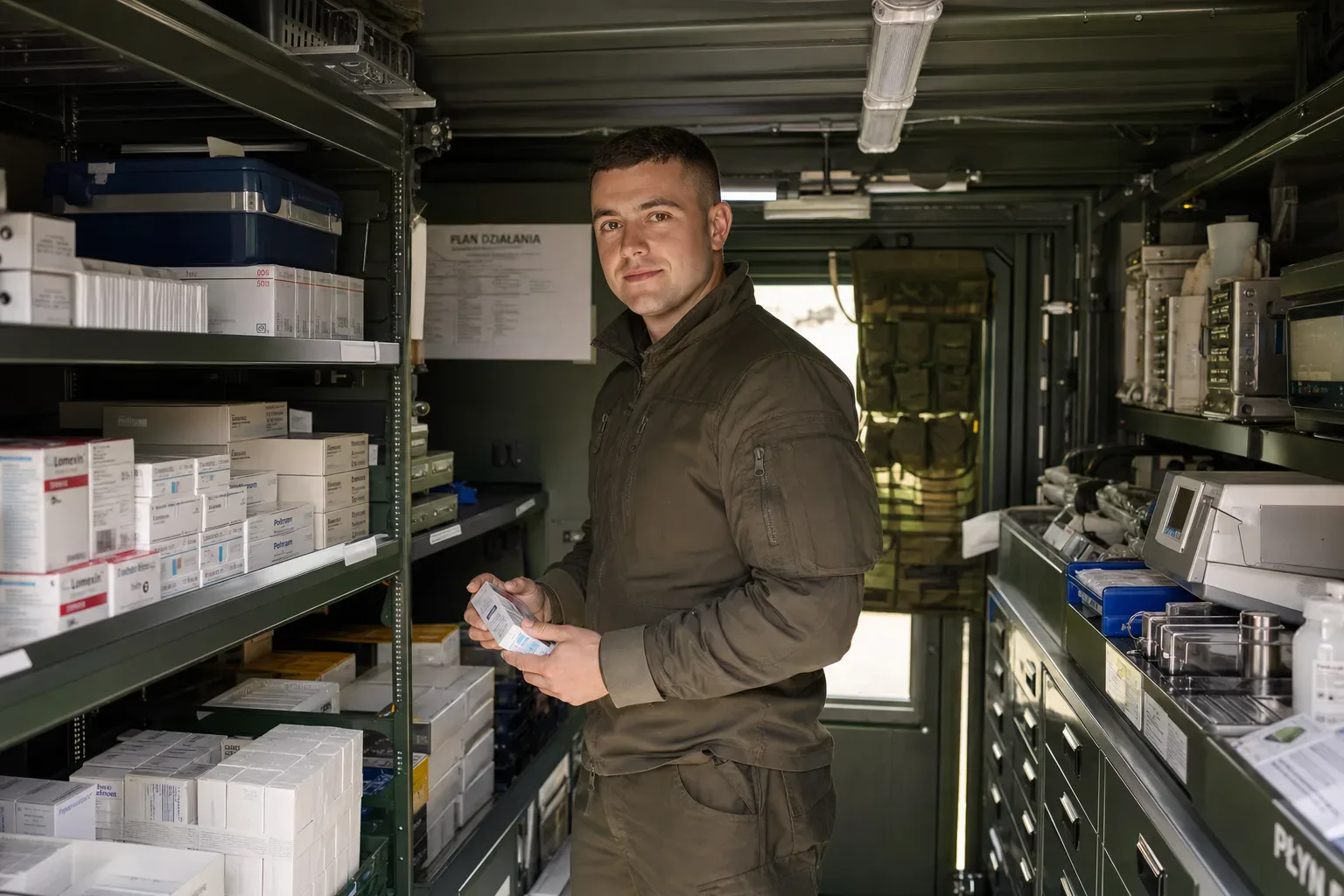 Farmaceuta wojskowy w mundurze polowym w aptece kontenerowej