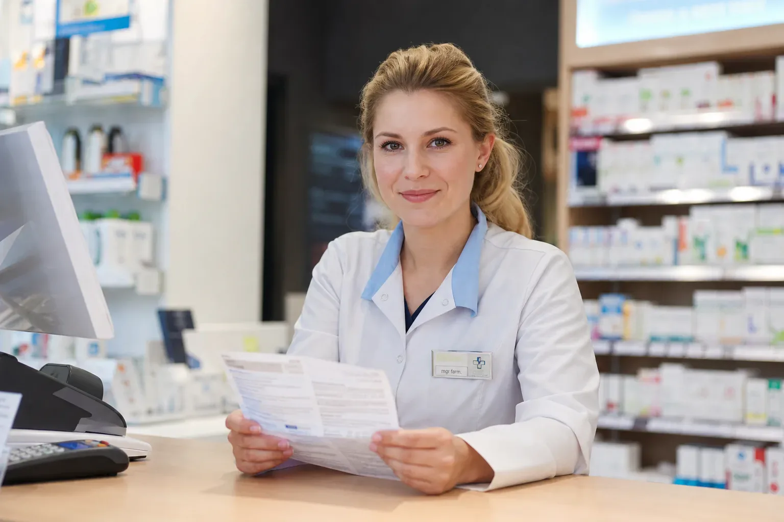 Farmaceuta w aptece otwartej trzyma ulotkę leku, w tle półki z medykamentami