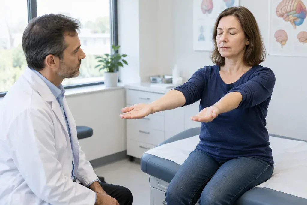 Lekarz bada neurologicznie kobietę, która trzyma wyciągnięte ręce z zamkniętymi oczami