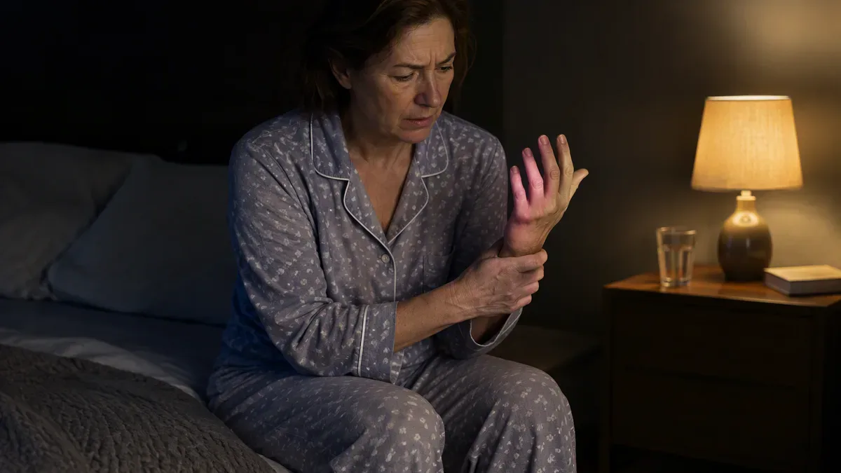 Kobieta w piżamie siedzi nocą na łóżku i trzyma drętwiejącą dłoń, drętwienie rąk w nocy