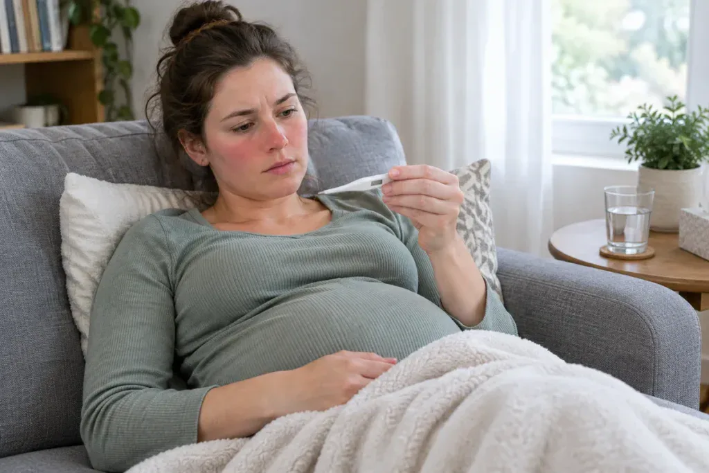 Gorączka w ciąży: kobieta pod kocem sprawdza temperaturę na termometrze
