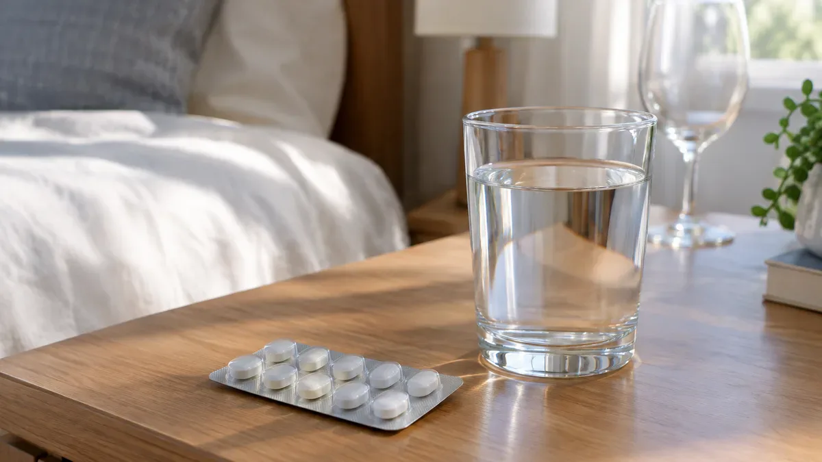 Blister tabletek i szklanka wody, w tle pusty kieliszek - ibuprofen a alkohol