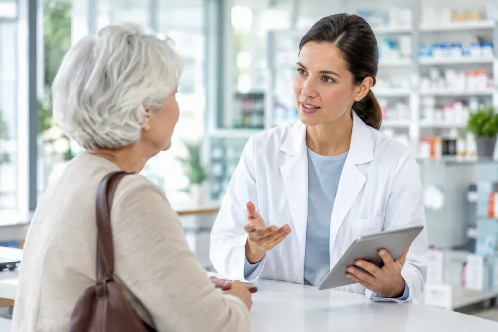 Farmaceutka rozmawia z seniorką przy ladzie apteki przed szczepieniem