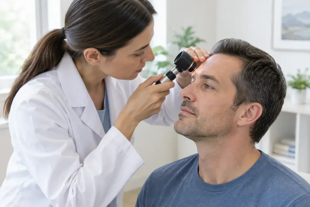 Dermatolożka ogląda skórę czoła i brwi mężczyzny przez dermatoskop