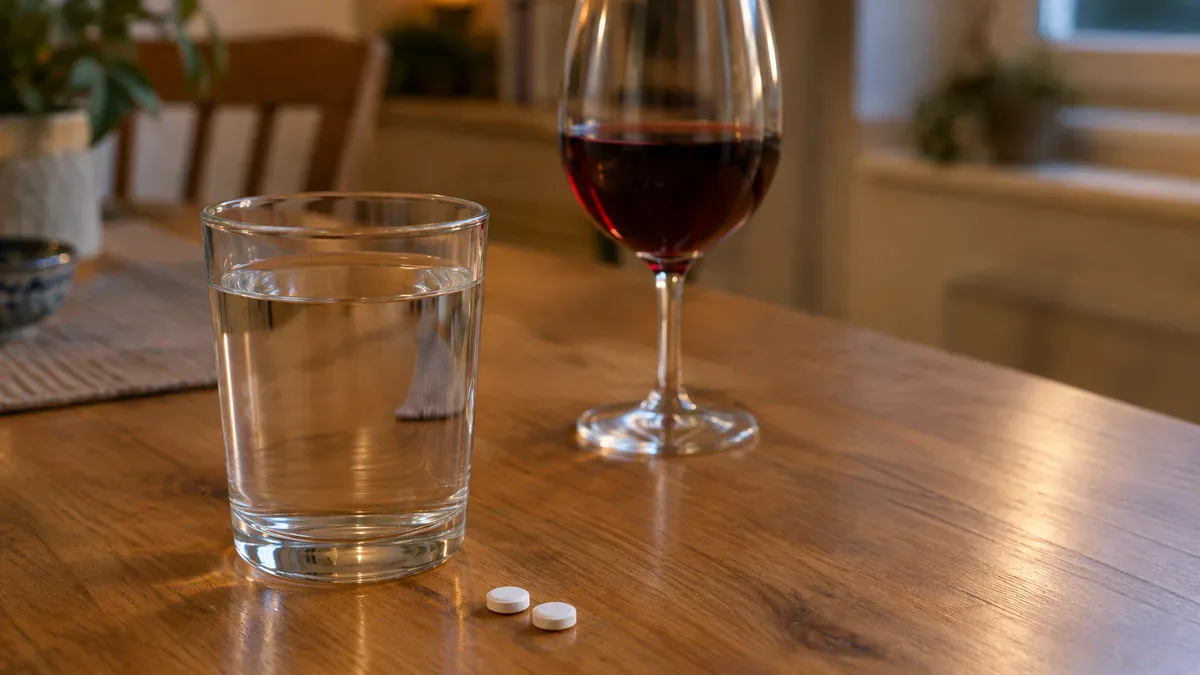 Dwie tabletki, szklanka wody i kieliszek wina na stole - paracetamol a alkohol