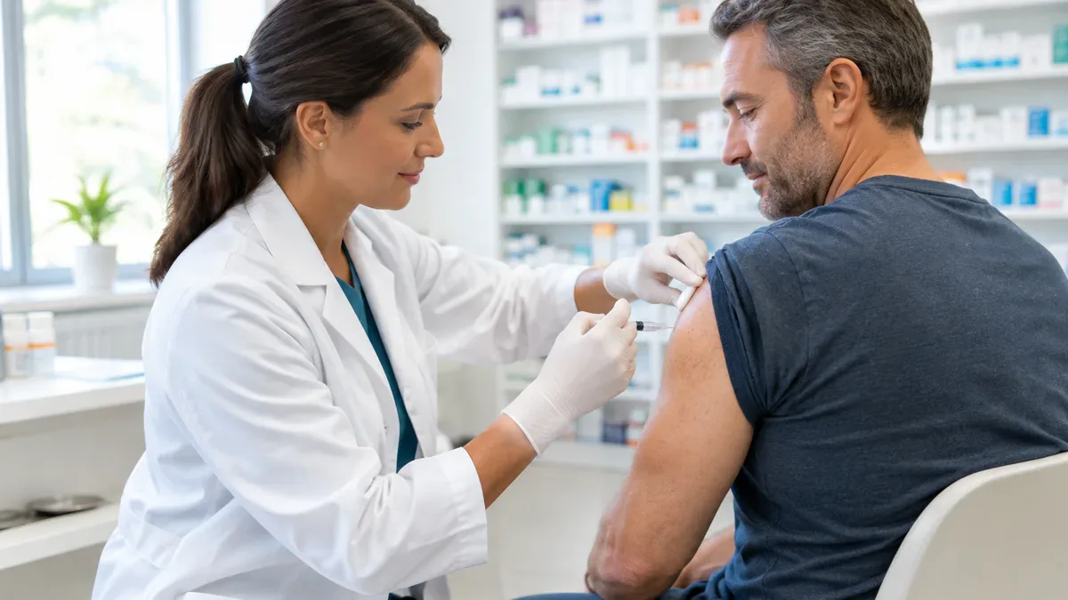 Szczepienie na grypę w aptece: farmaceutka podaje szczepionkę w ramię dorosłemu mężczyźnie